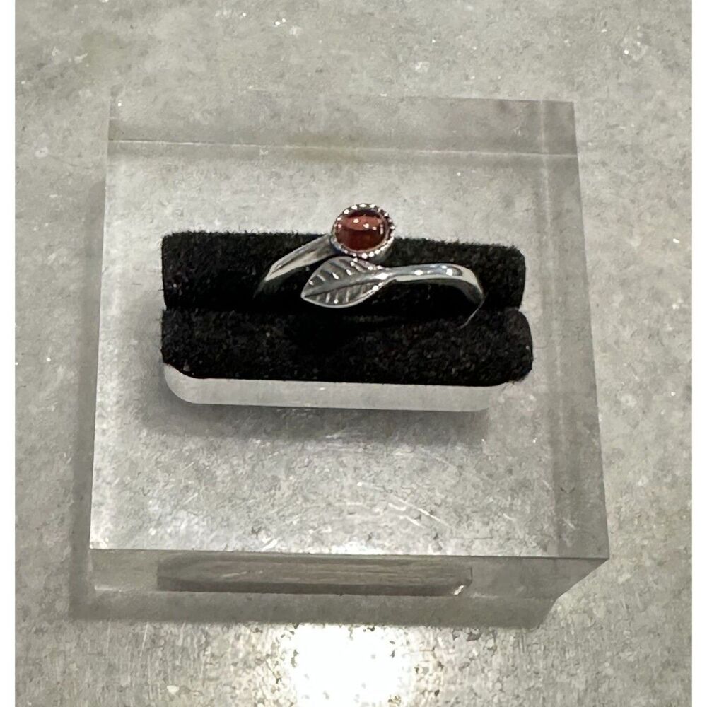 Vintage Inspired Dainty Silver Leaf & Red Orange Garnet Bypass Ring- Gift Box!